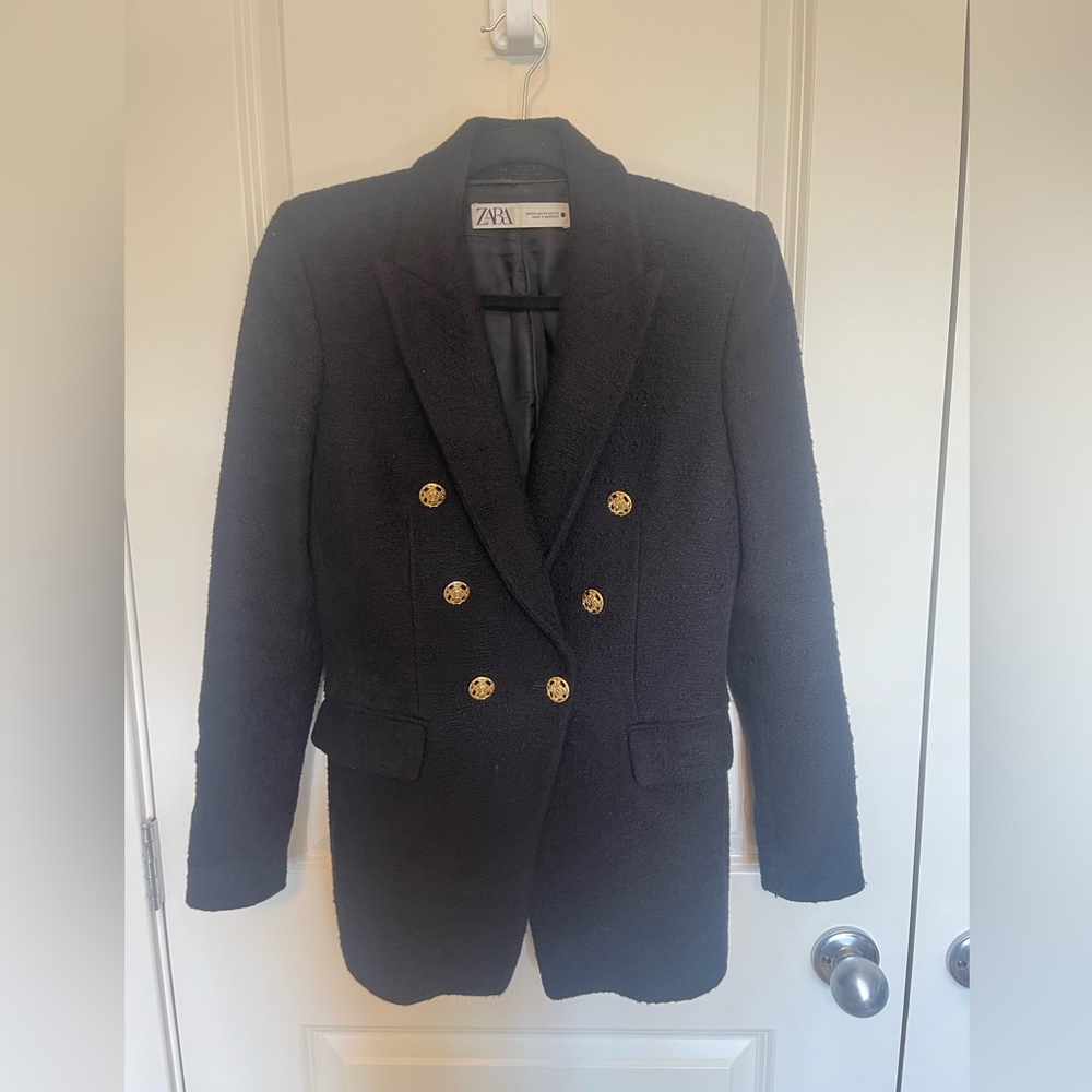 Zara Women's Elegant Black Blazer with Gold Accents